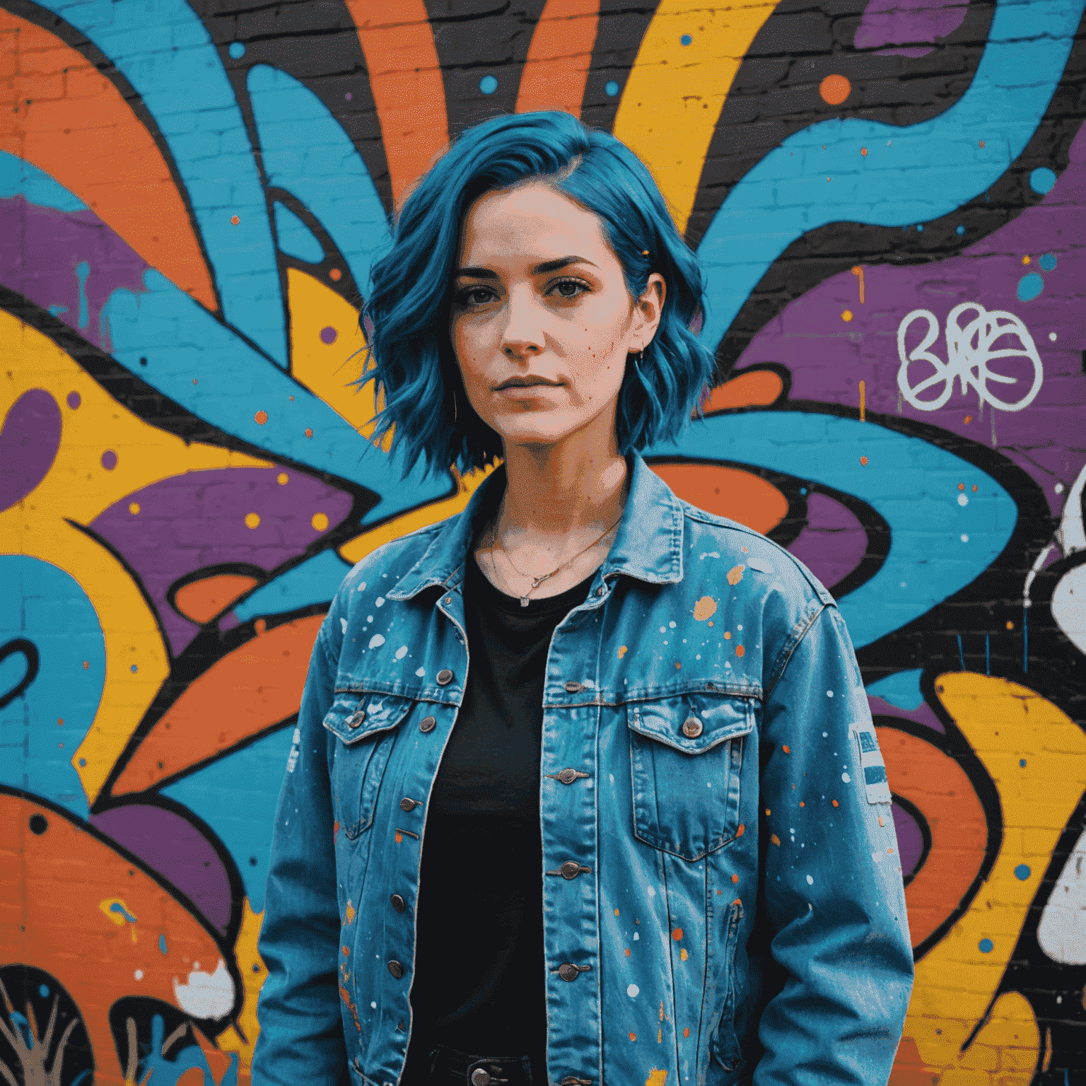 Sarah Johnson, a woman in her early 30s with vibrant blue hair, wearing a paint-splattered denim jacket, standing in front of a colorful mural