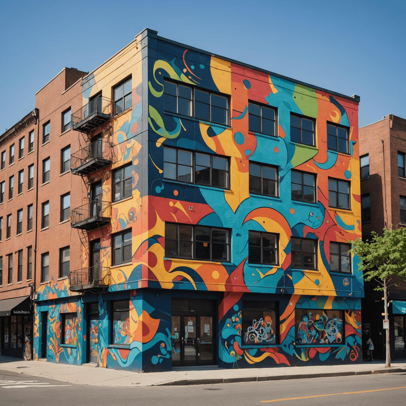 A vibrant, large-scale mural depicting a blend of abstract shapes and realistic elements, painted on the side of a multi-story building in a bustling urban setting. The mural features bright, bold colors that contrast sharply with the surrounding architecture, bringing life and energy to the cityscape.