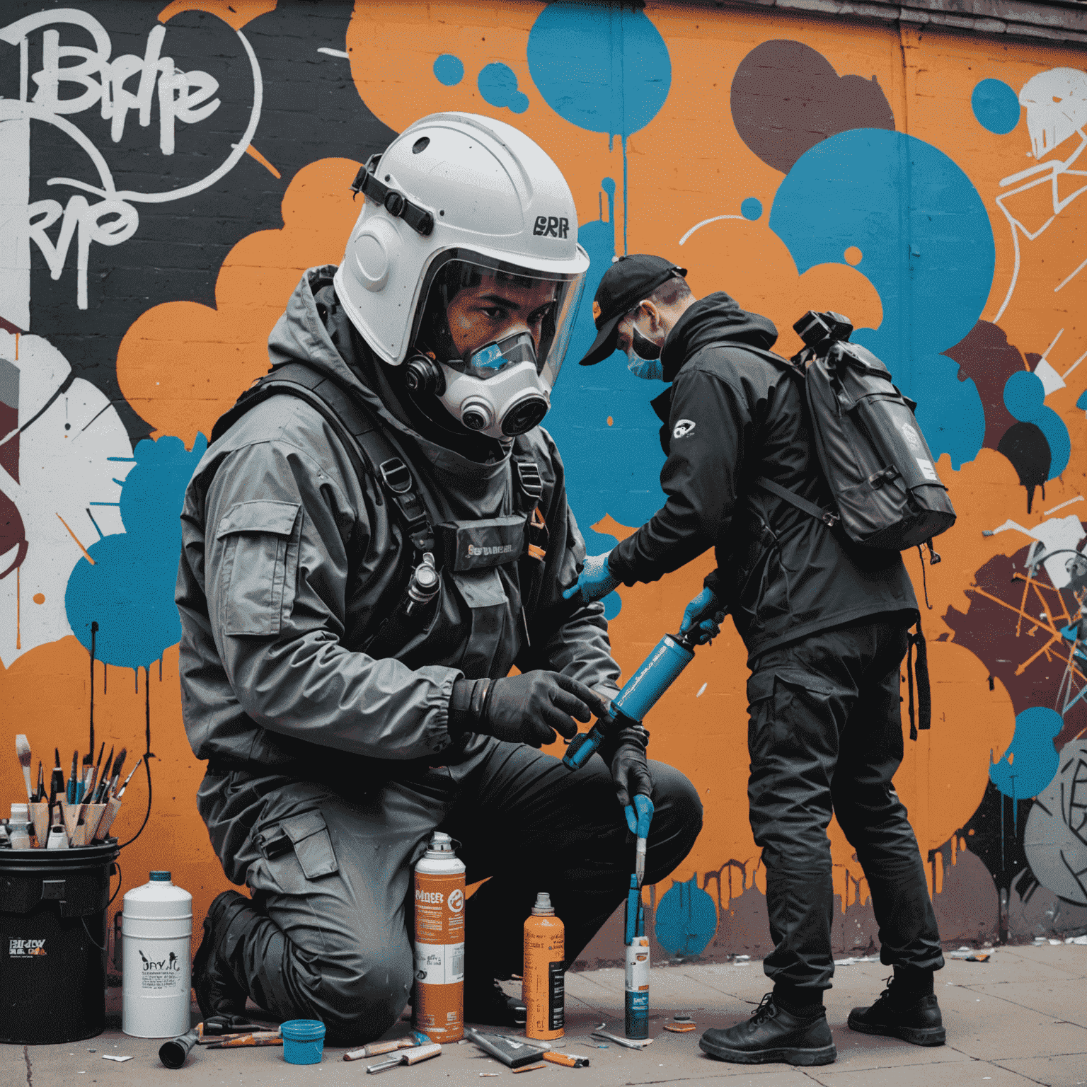 A mural artist using spray paint to create a large-scale urban artwork on a city wall. The artist is wearing protective gear and is surrounded by various painting tools.