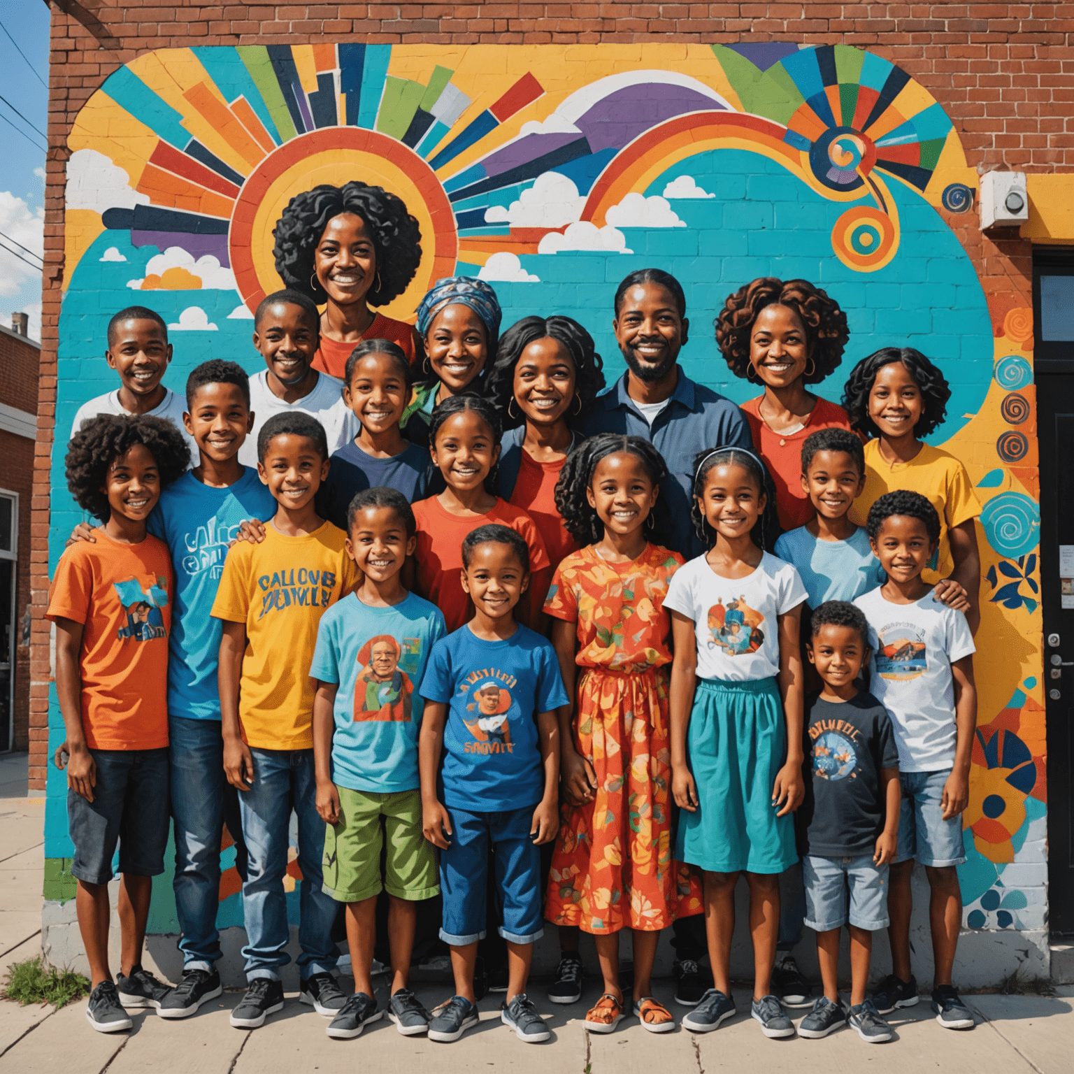 A vibrant street mural depicting diverse community members coming together, painted on the side of a building in a bustling urban neighborhood. The mural showcases a blend of traditional and modern artistic styles, with bold colors and intricate details that catch the eye and tell a story of unity and transformation.