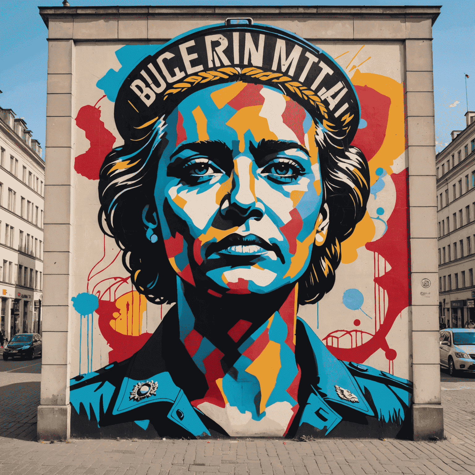 Colorful street art mural in Berlin featuring political and social commentary, with the Brandenburg Gate silhouette in the background