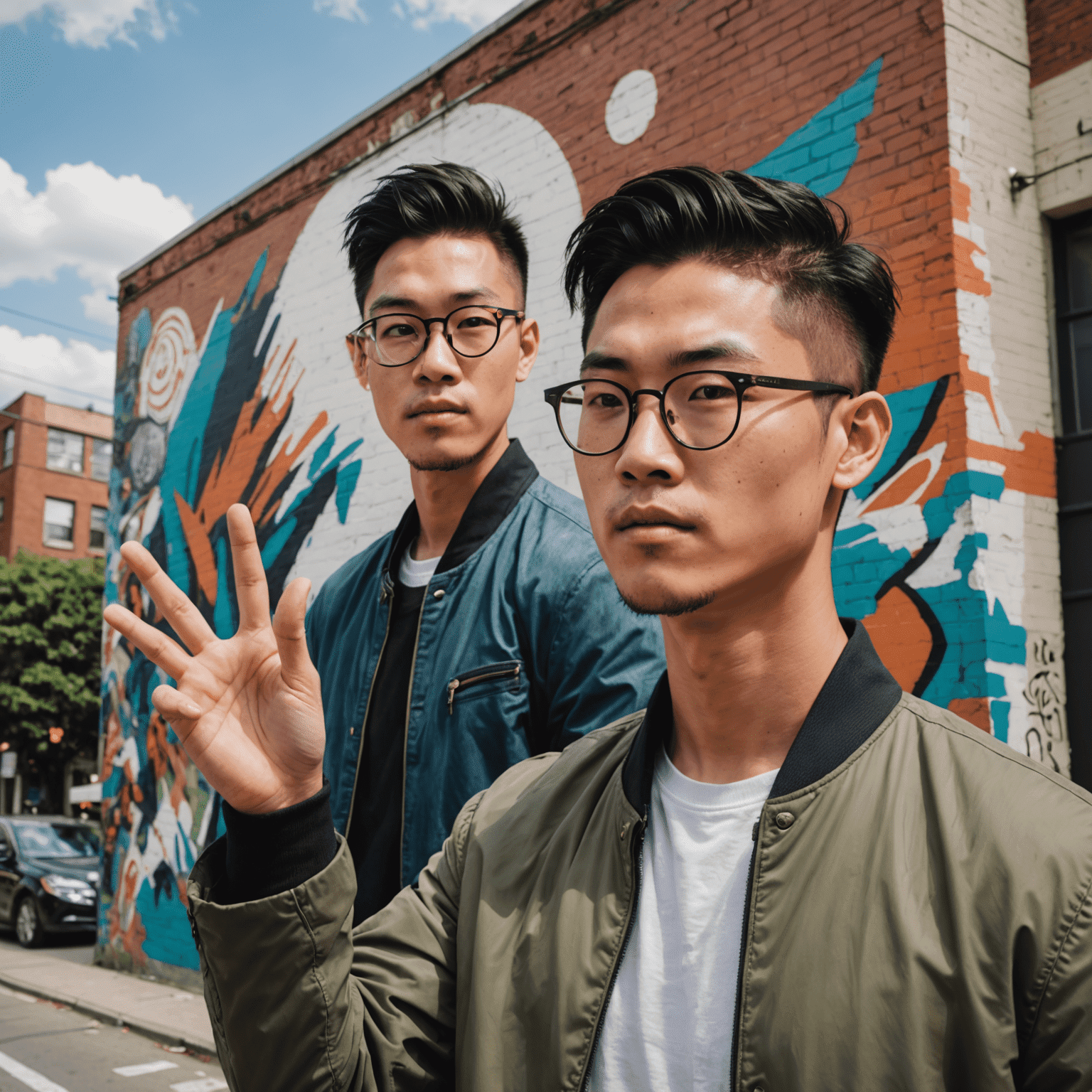 Marcus Chen, an Asian man in his late 20s with glasses and a stylish undercut, gesturing towards a large-scale urban mural