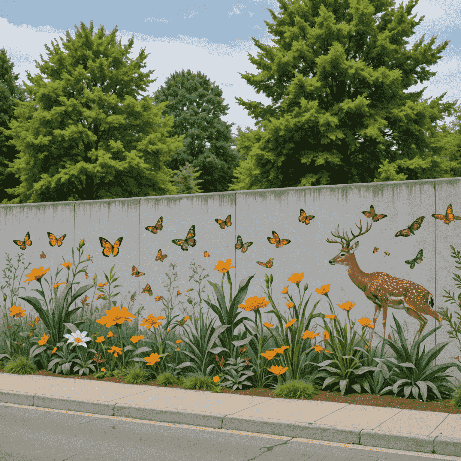 A before-and-after split image showing a dull, gray concrete wall transformed into a stunning mural featuring local wildlife and flora, with pedestrians stopping to admire and take photos.