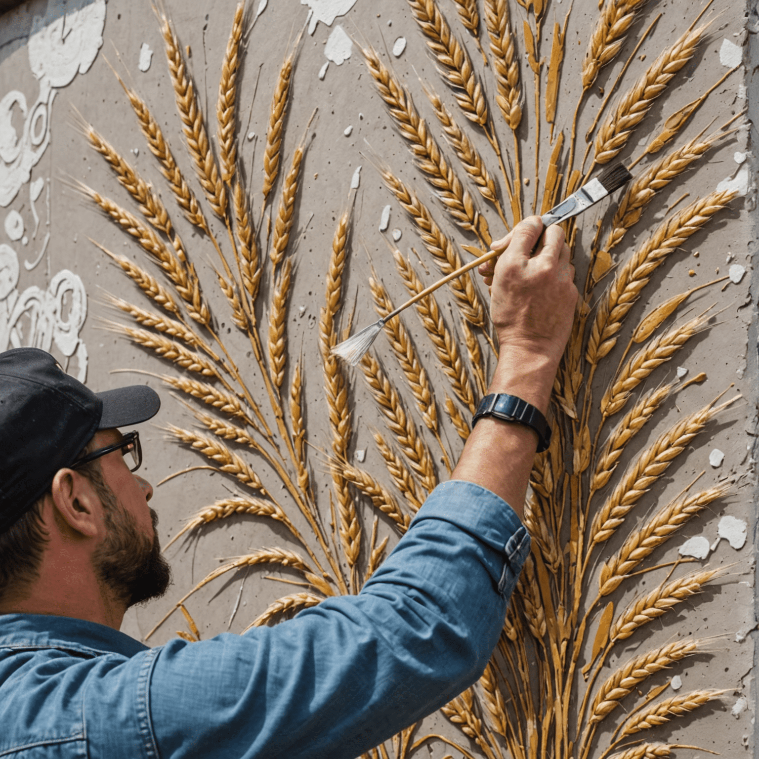 Close-up of an artist applying a wheat paste mural to a textured wall. The image shows the process of smoothing out air bubbles and ensuring proper adhesion.