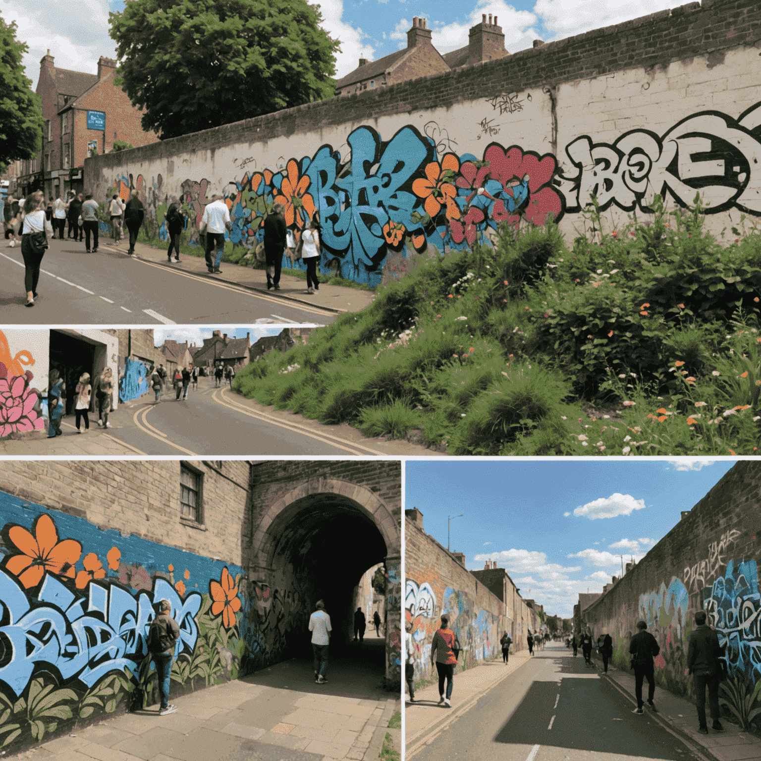 Before and after images of a city wall: the 'before' shows a graffiti-covered, neglected wall, while the 'after' displays a stunning mural of local flora and fauna, with people admiring and taking photos of the artwork.