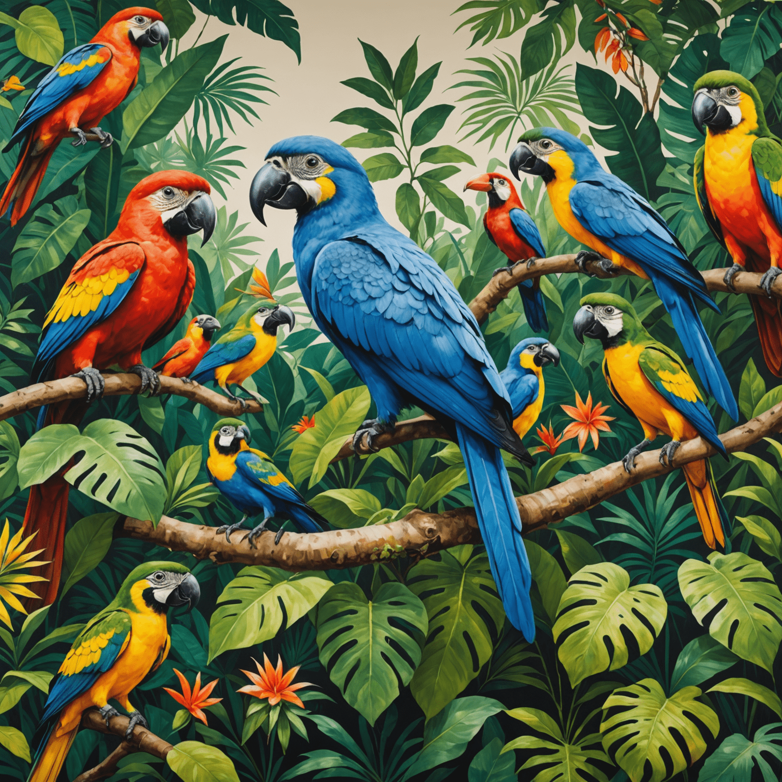 Vibrant, large-scale mural in São Paulo depicting Brazilian culture and nature, with tropical birds and lush foliage