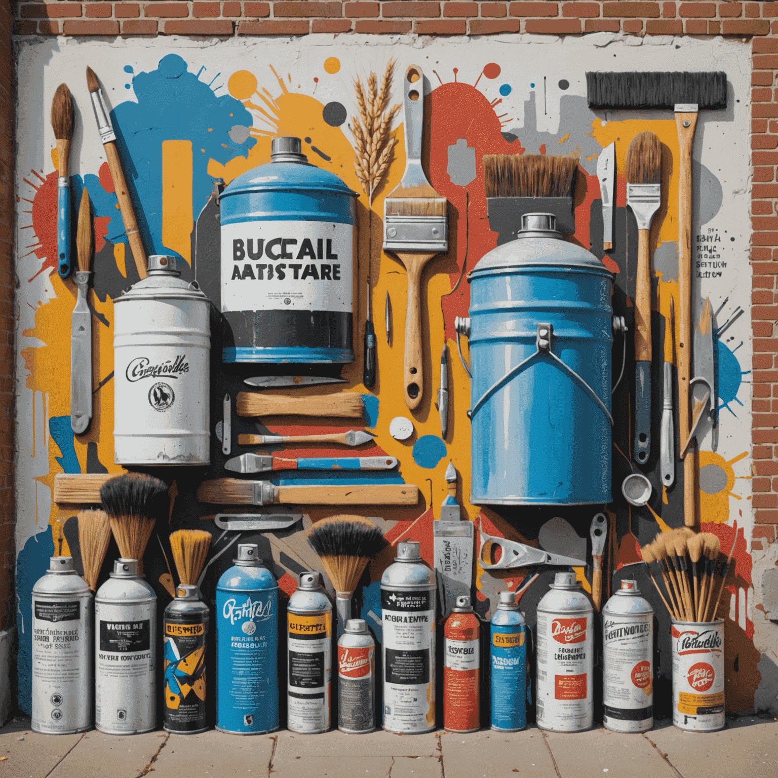 Various tools and materials used in mural painting, including spray cans, brushes, and wheat paste, arranged artistically