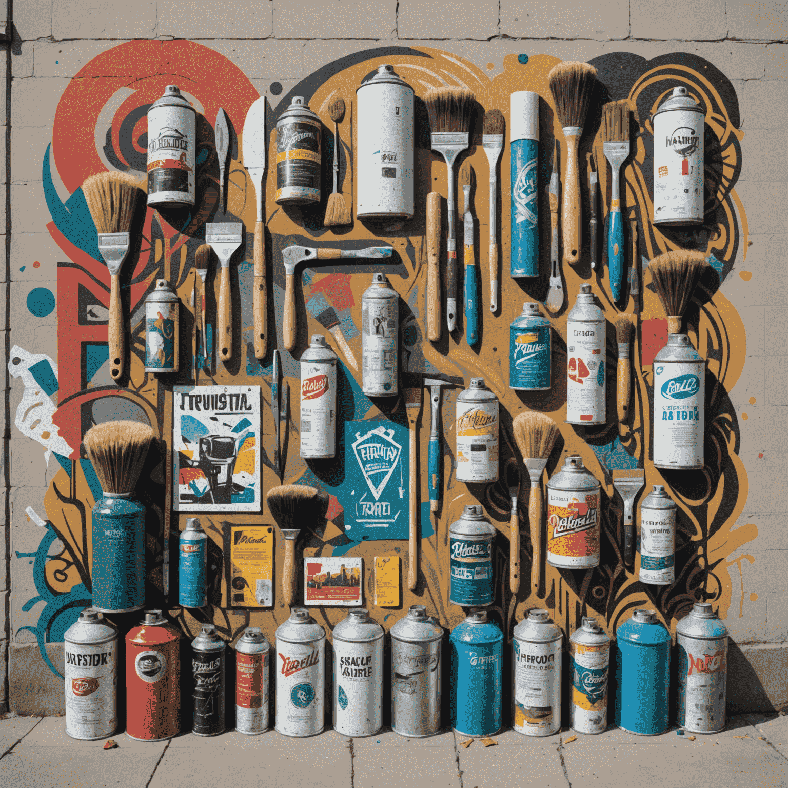 Various tools and materials used in mural painting, including spray cans, brushes, and wheat paste, arranged artistically