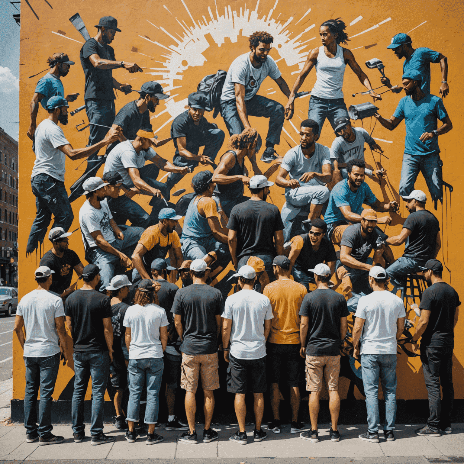 A diverse group of street artists collaborating on a large mural, using various techniques such as spray painting, stenciling, and wheat pasting. The image captures the energy and teamwork involved in creating large-scale public art.