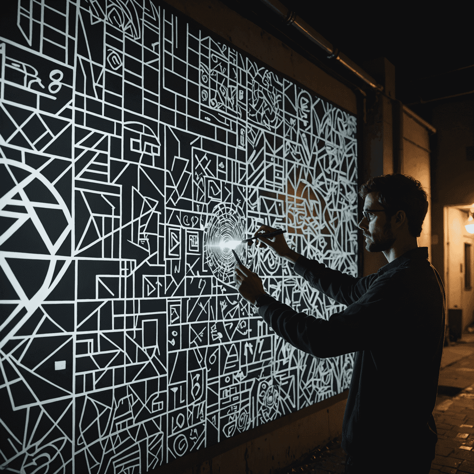 An artist working at night, using a digital projector to cast a complex design onto a large wall. The projected image shows a mix of geometric patterns and stylized graffiti lettering.