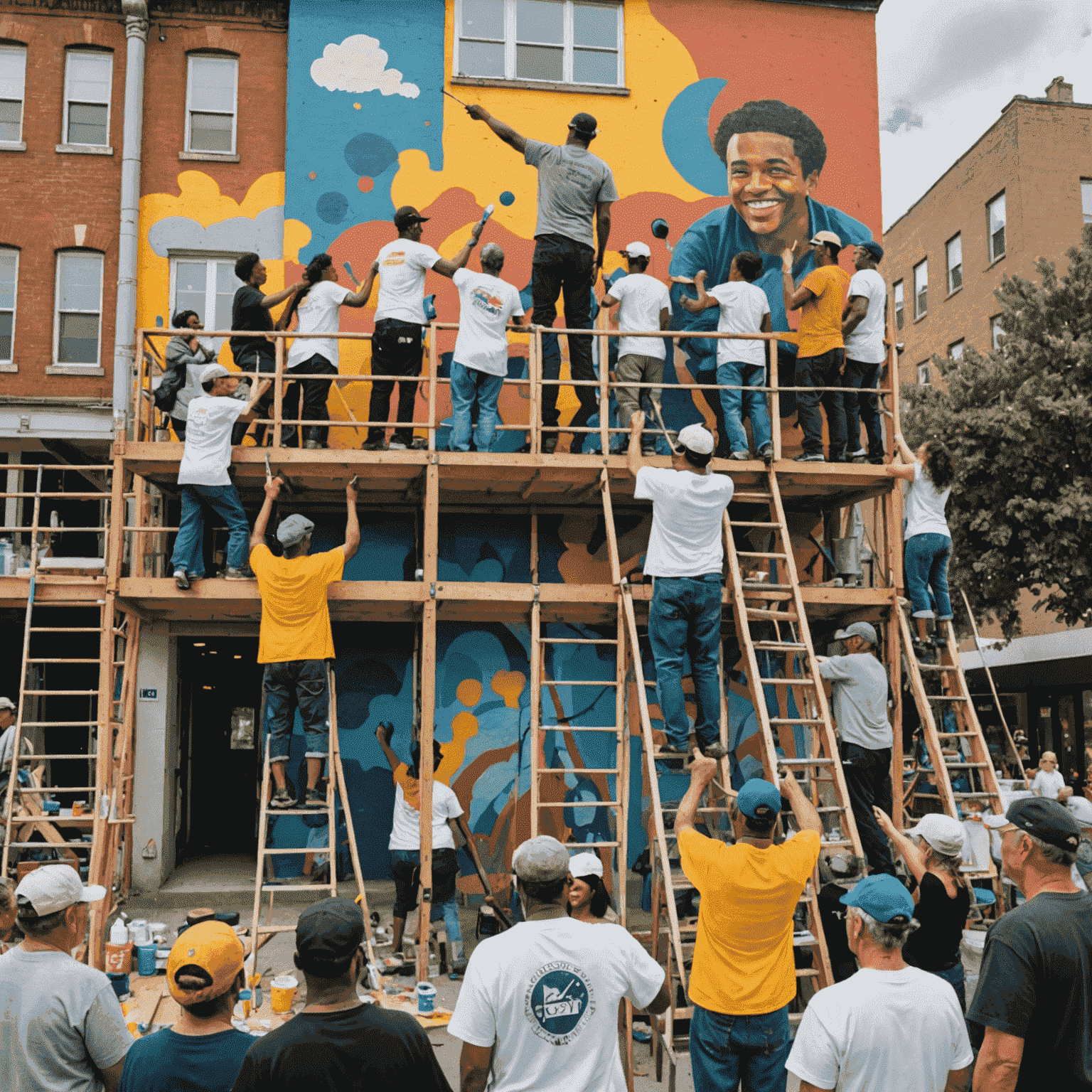 A diverse group of community members, young and old, working together to paint a large mural. The scene shows people on scaffolding, mixing paints, and collaborating on designs, with smiles and engaged expressions.