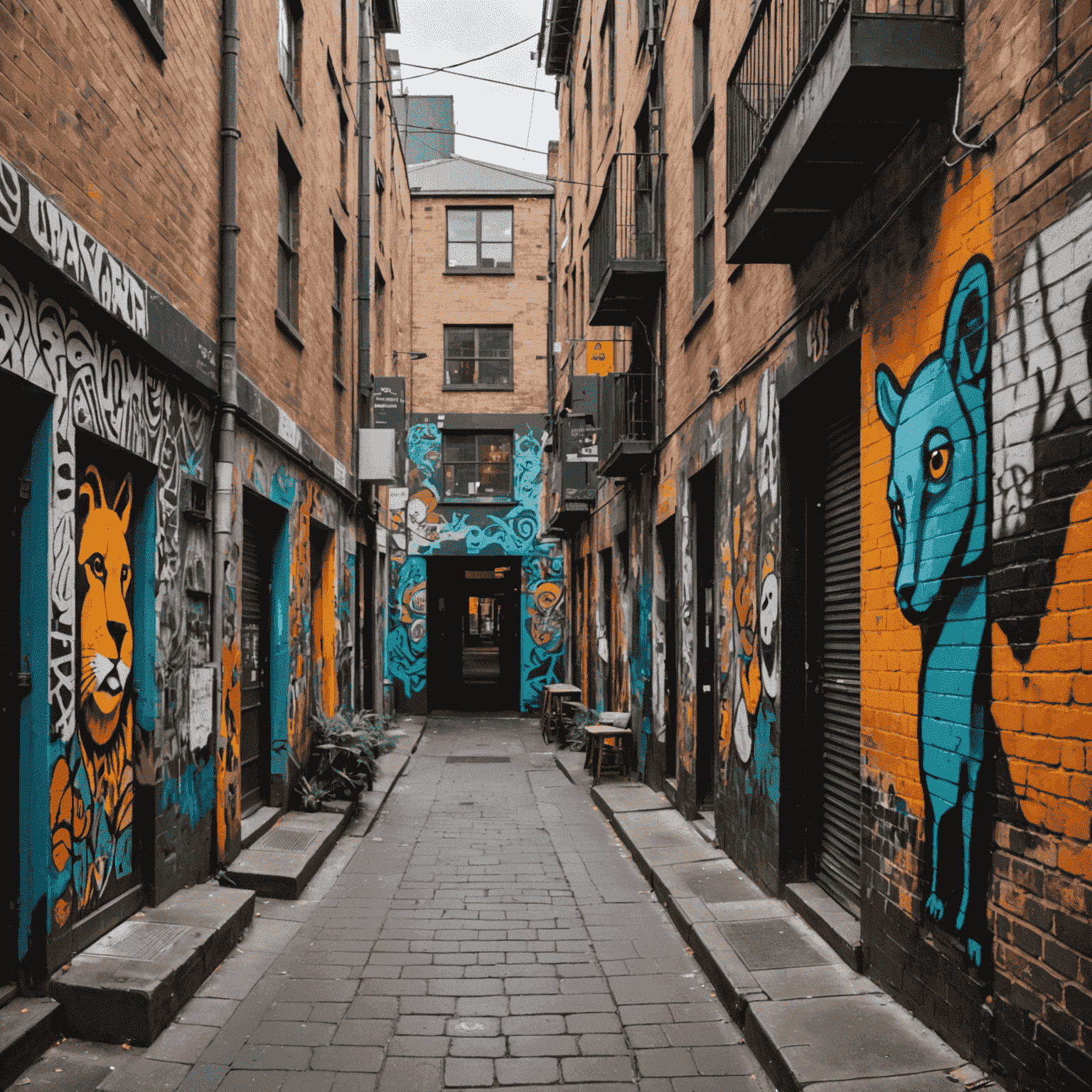 Narrow Melbourne laneway filled with eclectic street art, featuring Australian wildlife and abstract patterns