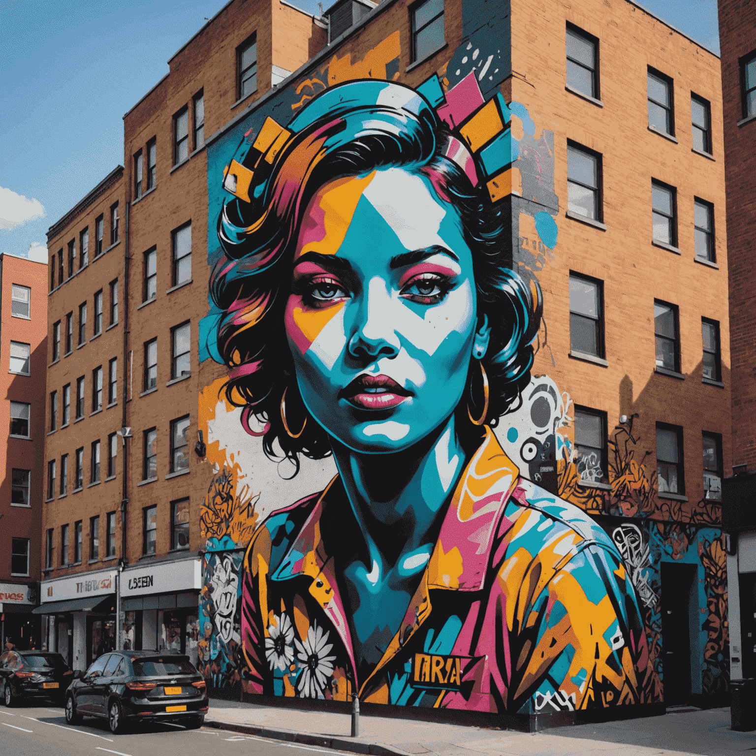 A vibrant, large-scale mural covering the side of a building in a modern city, showcasing the acceptance and celebration of street art in contemporary urban landscapes