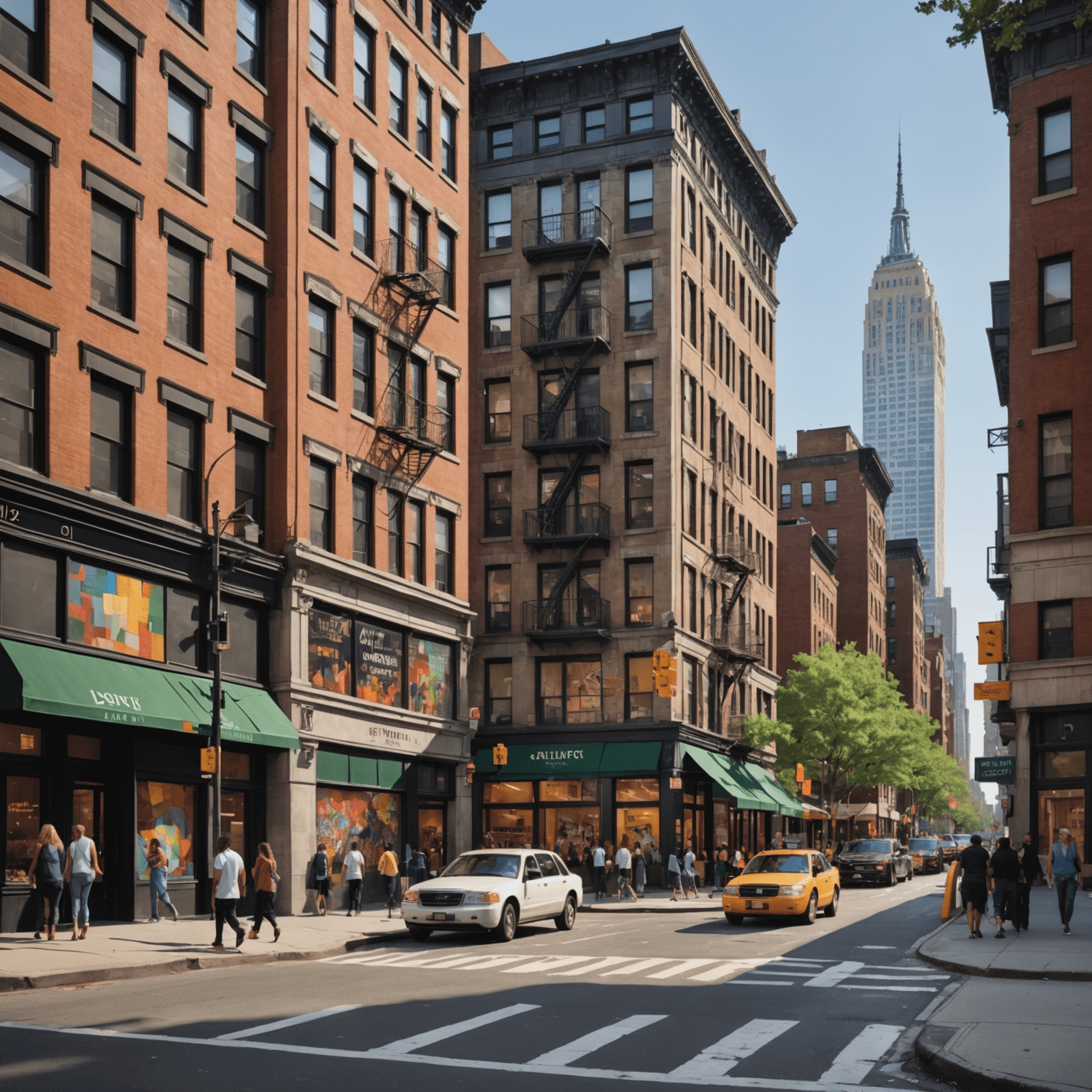 Iconic New York City street corner with a large-scale mural depicting the city skyline and diverse community