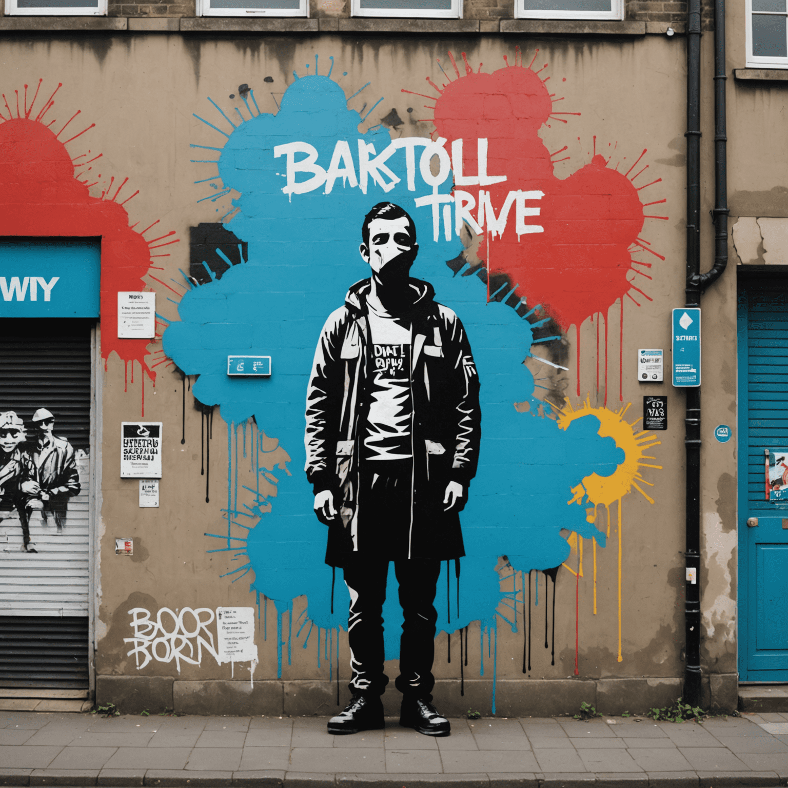 Street in Bristol featuring a Banksy-style stencil art piece with political undertones, surrounded by other colorful murals